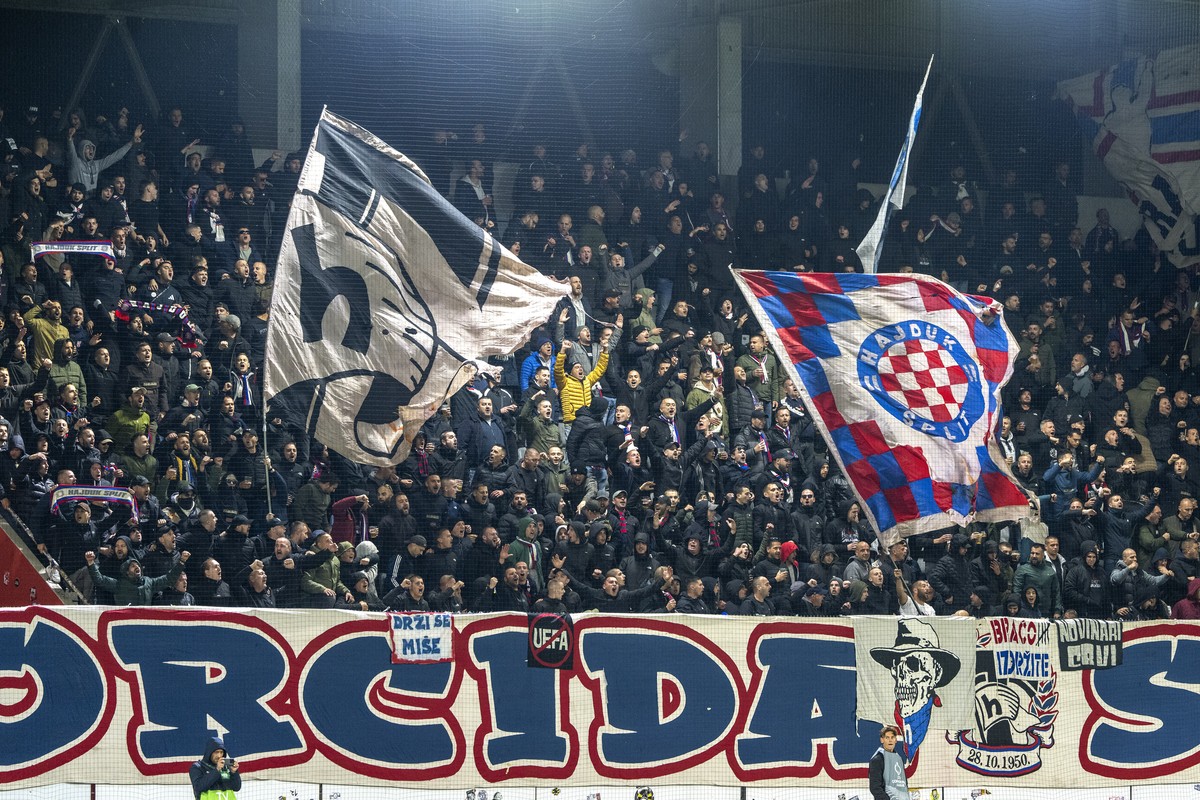 Split's supporter celebrate during the UEFA Conference League match between Switzerland's FC Thun and Croatia's Hajduk Split, at the Visana Stadion, Thun, Switzerland, Thursday, October ...