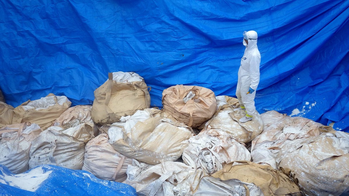 epa04166991 A handout photo provided by the Kumamoto Prefectural Government on 13 April 2014 shows a prefectural worker in protective suit standing on piles of chickens culled at a farm in Taragi, Kum ...