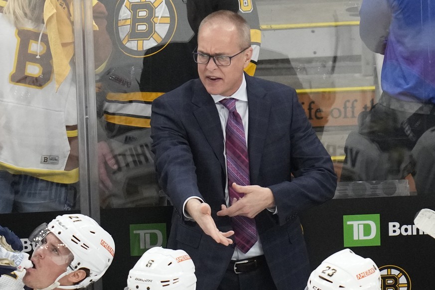 Florida Panthers coach Paul Maurice calls to officials during the second period in Game 2 of the team&#039;s NHL hockey first-round playoff series against the Boston Bruins on Wednesday, April 19, 202 ...