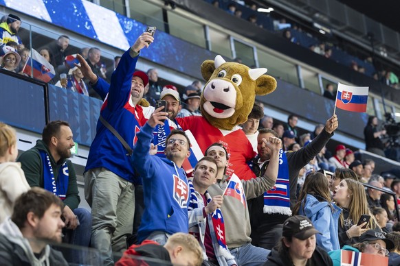 The Slovakia's fans, during the 2026 IIHF Men's Ice Hockey World Championship preliminary round group B game between Slovakia and Norway, at the BCF Arena ice hockey stadium, in Fribourg, Sw ...