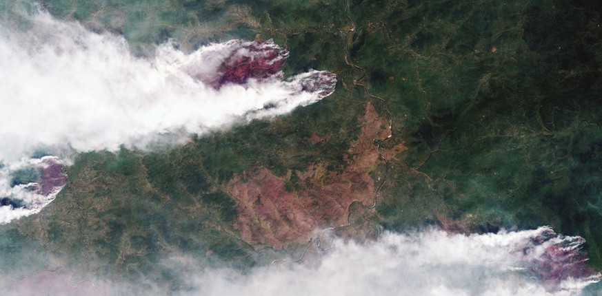 epa07753516 A handout photo made available by Russian State Corporation Roscosmos shows a satellite image of wildfires burning in Yakutia, Eastern Siberia, Russia, 02 August 2019. Wildfires in Russian ...