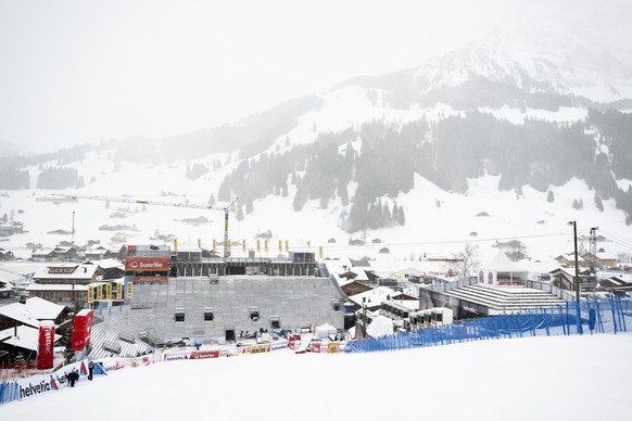 epa12638067 The spectator stands and the finish area are seen one day prior to the Men's Giant Slalom at the FIS Alpine Skiing World Cup stop in Adelboden, Switzerland, 09 January 2026. EPA/ANTHO ...