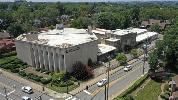 This photo taken with a drone shows the Tree of Life Synagogue, left, in the Squirrel Hill neighborhood of Pittsburgh on Thursday, July 13, 2023, the day a federal jury announced they had found Robert ...
