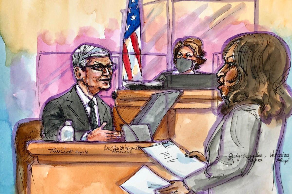 This artist rendering shows Apple CEO Tim Cook on the witness stand during a trial in San Ramon, Calif., on Friday, May 21, 2021. Cook described the company's ironclad control over its mobile app ...
