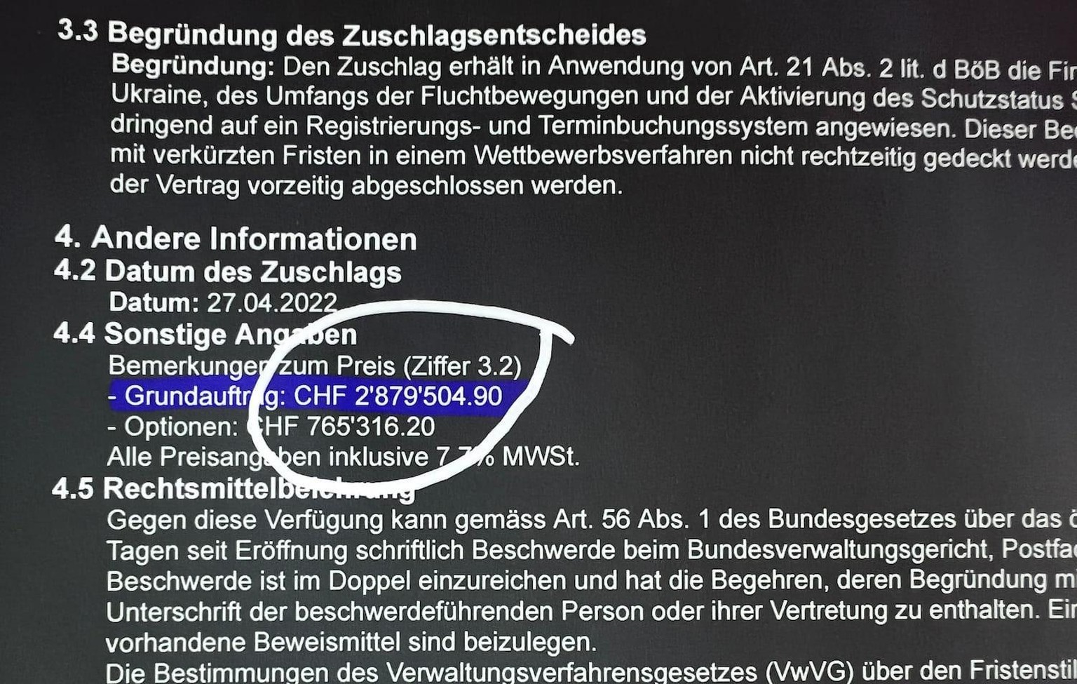 Der Grundauftrag wird in der Beschaffungspublikation auf 2.8 Millionen Franken beziffert.