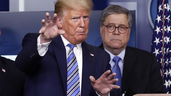 FILE- In this March 23, 2020 file photo, President Donald Trump talks during a briefing about the coronavirus in the James Brady Briefing Room, Monday, March 23, 2020, in Washington, as Attorney Gener ...