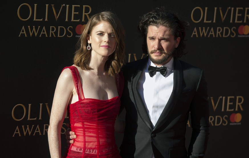 epa05900785 Scottish actress Rosie Leslie (L) and British actor Kit Harington arrive at the annual Olivier Awards at The Royal Albert Hall in London, Britain, 09 April 2017 (issued 10 April 2017). The ...