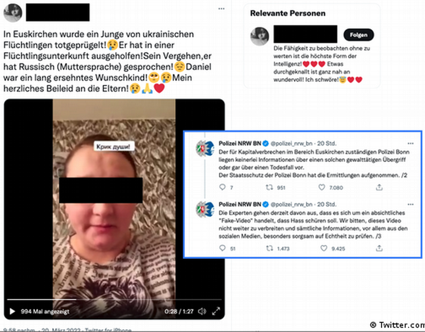 Die Polizei warnt vor Fake-Videos, die Hass gegen ukrainische Schutzsuchende schüren.