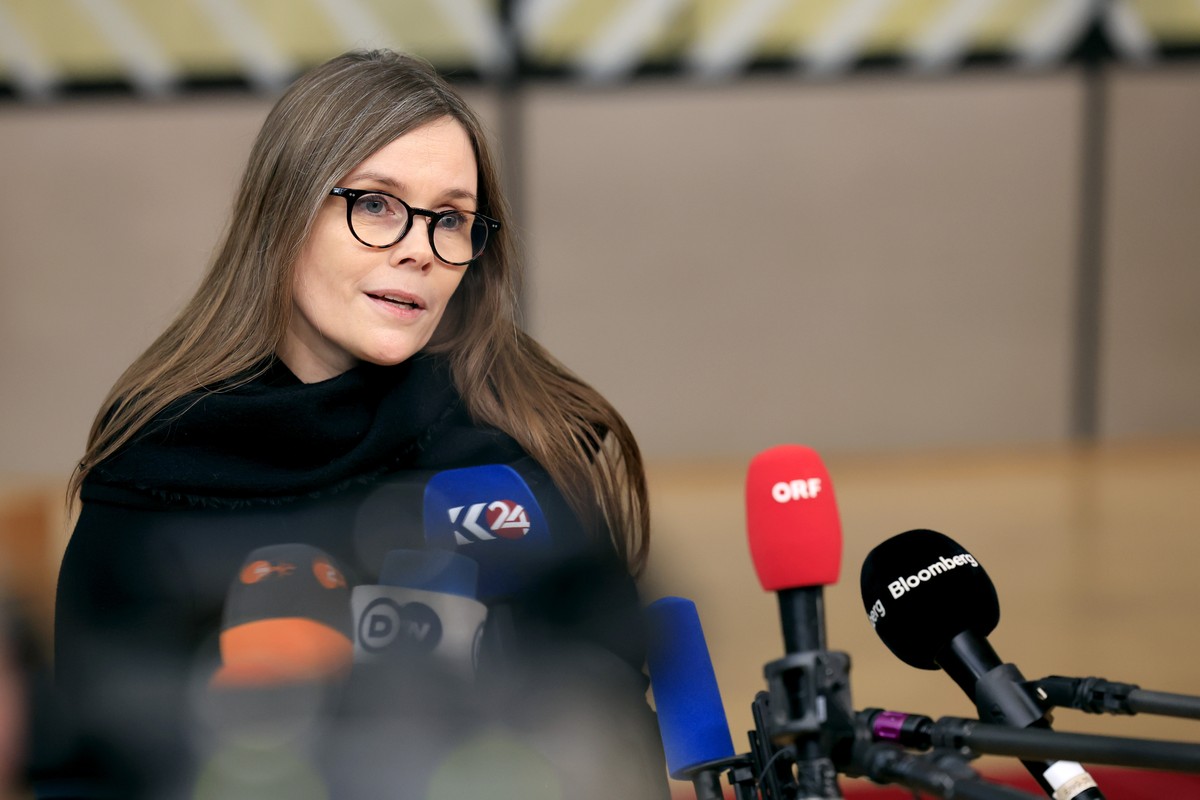 Iceland's Prime Minister Katrin Jakobsdottir speaks with the media as she arrives for an EU Summit in Brussels, Friday, March 22, 2024. European Union leaders on Friday will discuss plans to boos ...