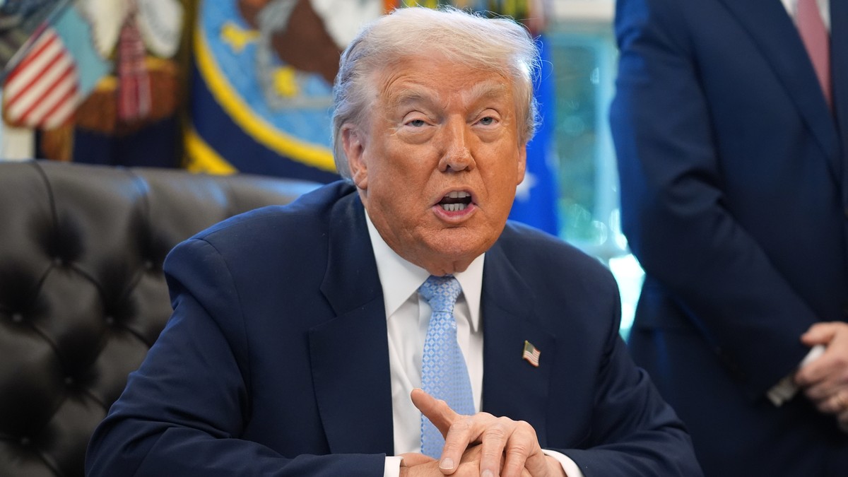 President Donald Trump speaks during a meeting with the White House task force on the 2026 FIFA World Cup in the Oval Office of the White House, Monday, Nov. 17, 2025, in Washington. (AP Photo/Evan Vu ...