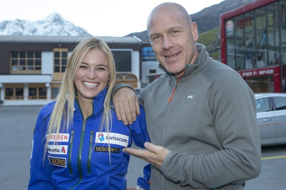 Lara Gut, of Switzerland, jokes with former skier Didier Cuche, of Switzerland, after a press conference of the Alpine Skiing World Cup, in Soelden, Austria, October 25, 2012. The first Alpine Skiing  ...