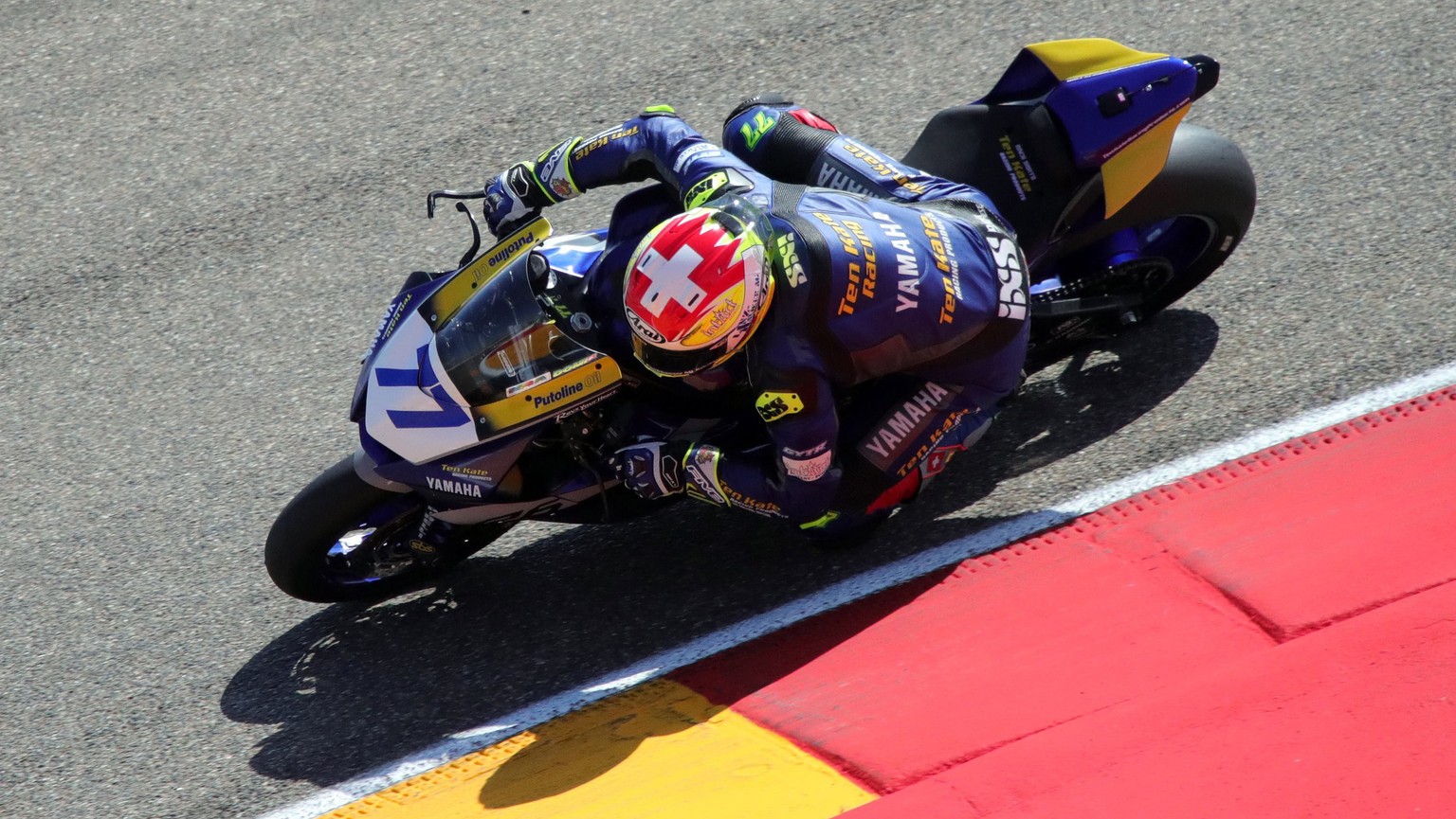 epa09218280 Swiss Dominique Aegerter of Ten Kate Racing Yamaha in action during a test session before the Pirelli Aragon Round, the season opener of the 2021 MOTUL FIM Superbike World Championship at  ...