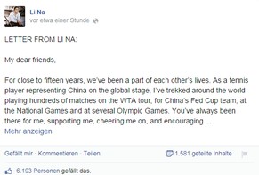 Li Nas Rücktrittsschreiben auf Facebook.