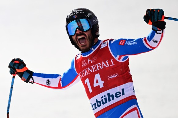 epa11089467 Cyprien Sarrazin of France reacts in the finish area during the Men&#039;s Downhill race at the FIS Alpine Skiing World Cup in Kitzbuehel, Austria, 19 January 2024. EPA/CHRISTIAN BRUNA