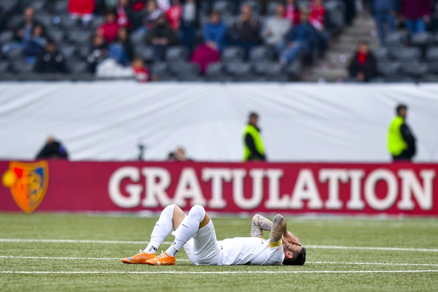 Thuns Nicola Sutter, ist enttaeuscht im Schweizer Fussball Cupfinalspiel zwischen dem FC Basel und dem FC Thun, am Sonntag 19. Mai 2019, im Stade de Suisse in Bern. (KEYSTONE/Anthony Anex)