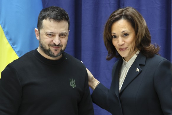 U.S. Vice President Kamala Harris, right, and Ukrainian President Volodymyr Zelenskyy, left, pose for a photo as they attend a press conference during the Munich Security Conference at the Bayerischer ...