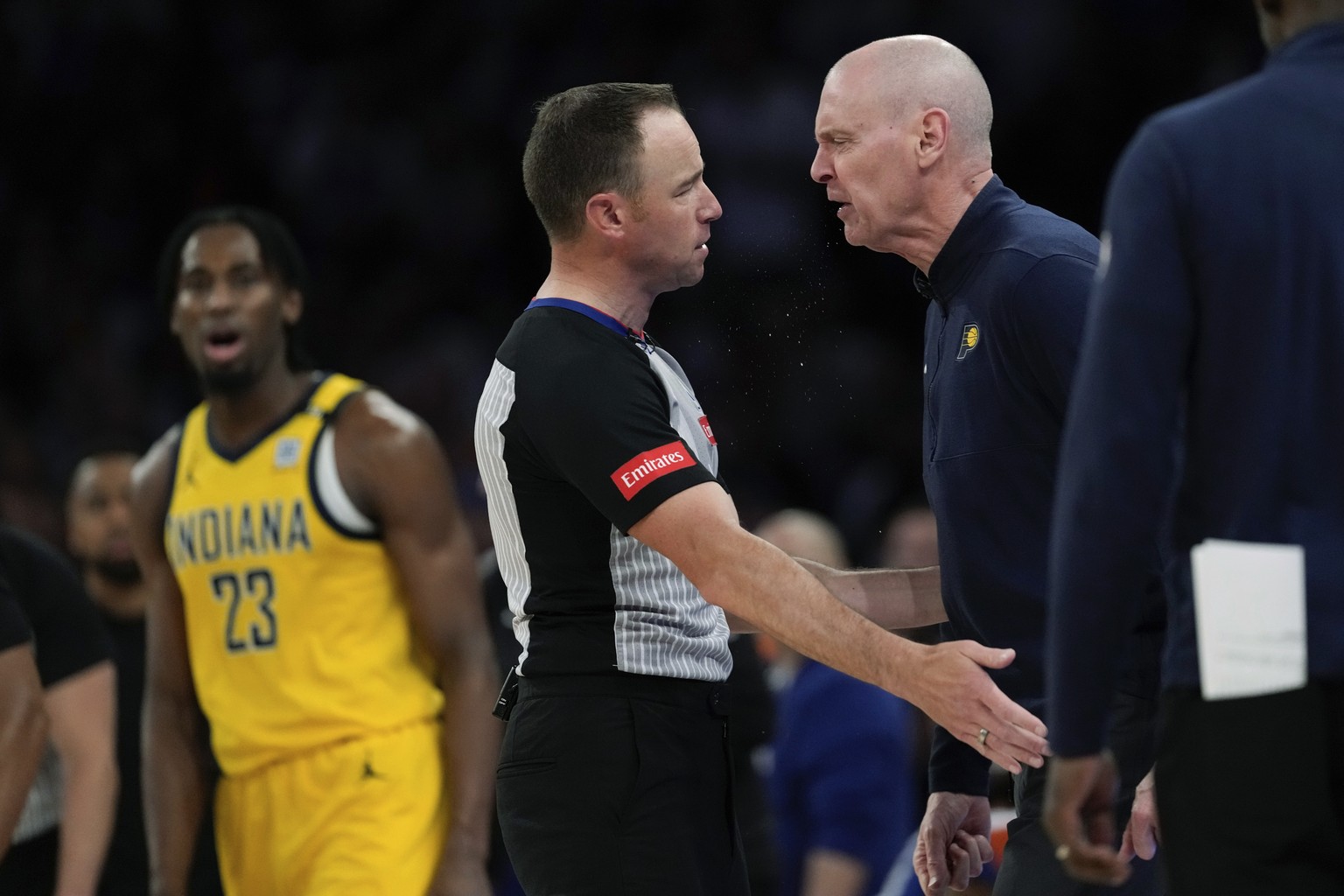 Indiana Pacers head coach Rick Carlisle, right, argues with a referee during the second half of Game 2 of the team&#039;s NBA basketball second-round playoff series against the New York Knicks, Wednes ...