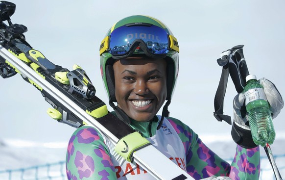 Alpine Skiing - FIS Alpine Skiing World Championships - Women&#039;s Giant Slalom - St. Moritz, Switzerland - 16/2/17 - Kenya&#039;s Sabrina Simader reacts at the finish line. REUTERS/Ruben Sprich