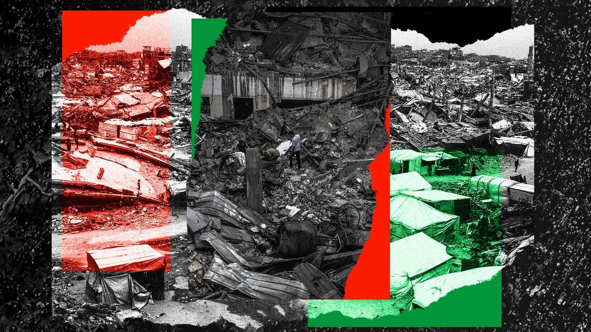 Die Zerstörung Gazas. Fotomontage zeigt überlagernde Bilder von zerstörten Orten in Gaza. Im Hintergrund ein Satellitenbild von Chan Yunis, darüber ein Bild von Zelten von palästinensischen Geflüchtet ...
