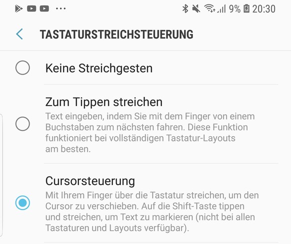 Einstellungen, Allgemeine Verwaltung, Sprache und Eingabe, Bildschirmtastatur, Samsung Tastatur, Intelligentes Tippen und Tastaturstreichsteuerung.&nbsp;