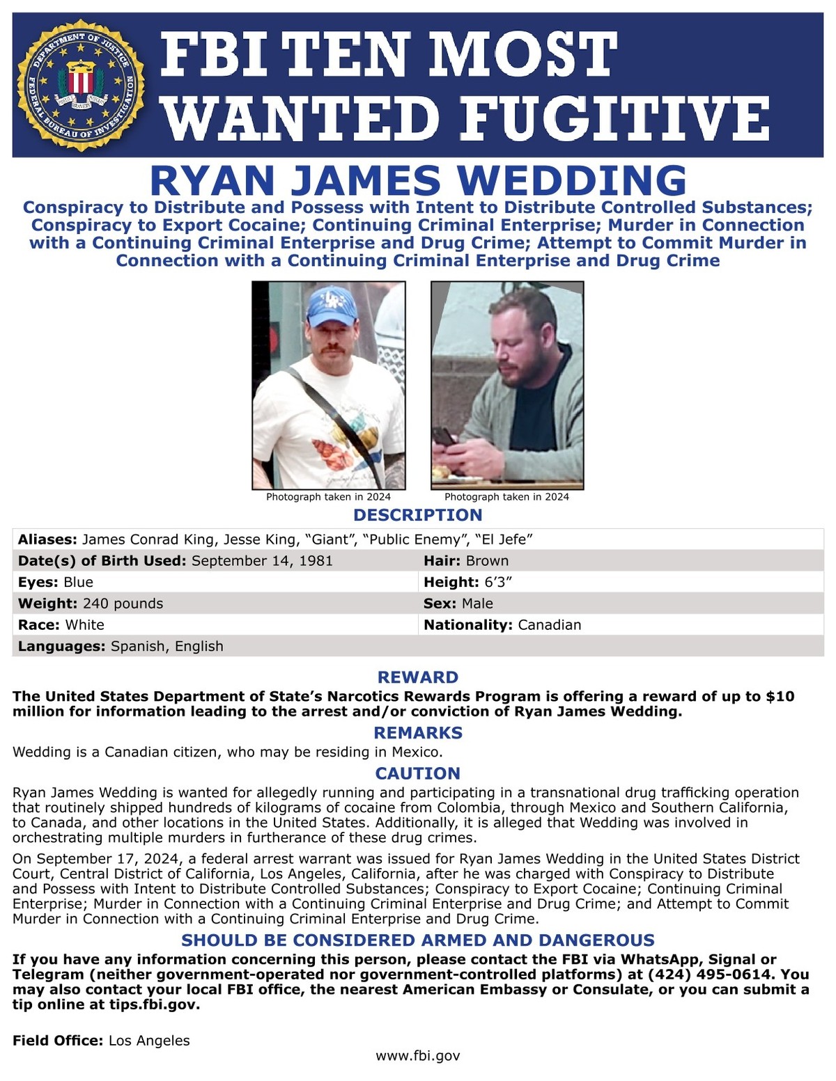 Das offizielle Fahndungsplakat des FBI für Ryan Wedding.