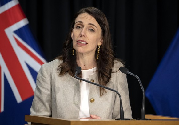New Zealand Prime Minister Jacinda Ardern reacts during a press conference in Wellington, New Zealand, Friday, Aug. 14, 2020. Ardern announced that the three-day lockdown in Auckland would be extended ...