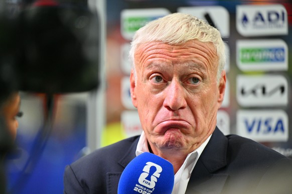 epa13111847 France's head coach Didier Deschamps is interviewed after losing the FIFA World Cup 2026 semifinals match France against Spain, in Dallas, USA, 14 July 2026. EPA/SAM WASSON