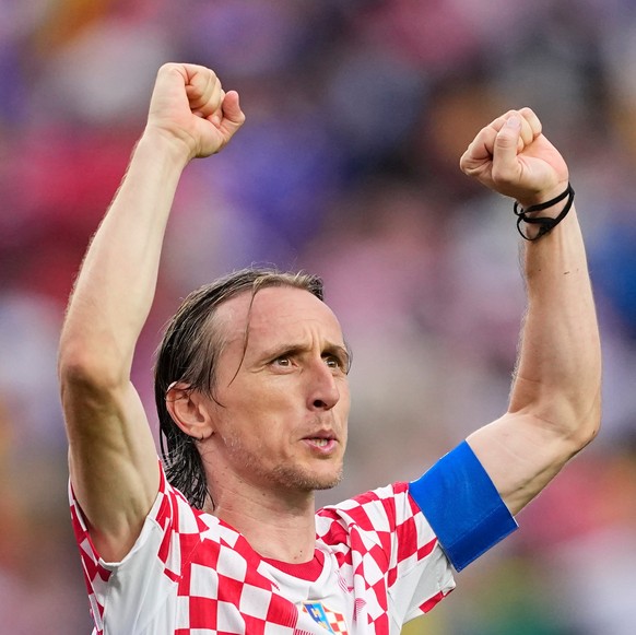 Croatia's Luka Modric (10) celebrates at the end of the World Cup Group L soccer match between Croatia and Ghana in Philadelphia, Saturday, June 27, 2026. (AP Photo/Petr Josek)
Luka Modric