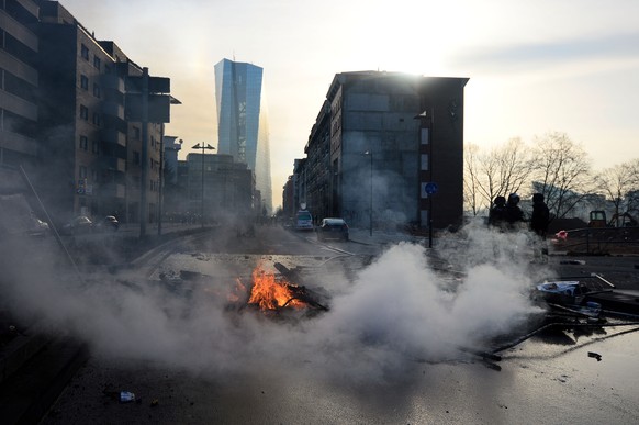 FRANKFURT AM MAIN, GERMANY - MARCH 18: A general view of debris after activists took part in a demonstration organized by the Blockupy movement to protest against the policies of the European Central  ...