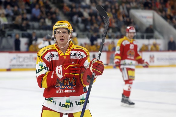 Biels PostFinance Top Scorer Toni Rajala im Eishockey Meisterschaftsspiel der National League zwischen EHC Biel und HC Davos, am Samstag, 23. September 2023, in der Tissot Arena in Biel. (PostFinance/ ...