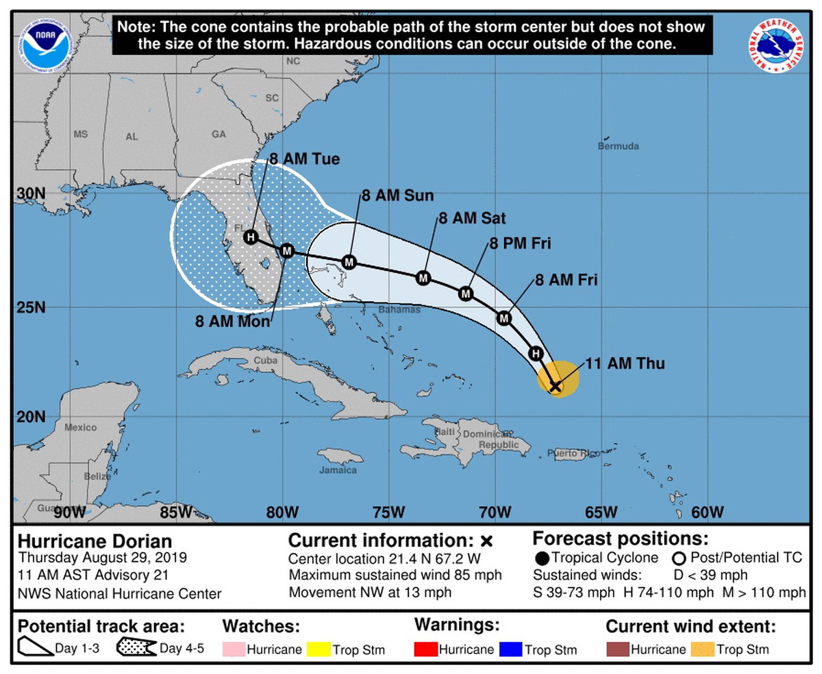 epa07801592 A handout graphic released by the National Oceanic &amp; Atmospheric Administration (NOAA) shows the five-day forecast track of Hurricane Dorian over the Atlantic Ocean (Issued 29 August 2 ...