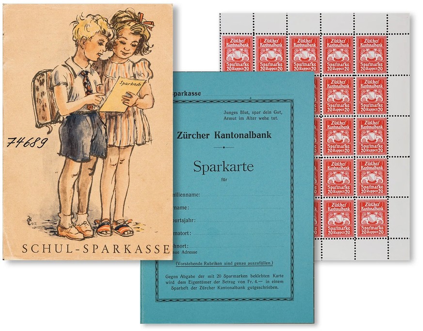 Karte und Marken für die «Schulsparkasse» der Zürcher Kantonalbank, 1946.