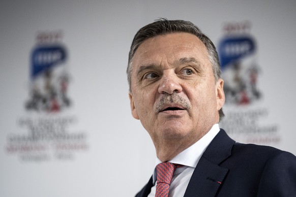 Rene Fasel, President IIHF speaks during a press conference at the Ice Hockey World Championship in Paris, France on Monday, May 8, 2017. (KEYSTONE/Peter Schneider)