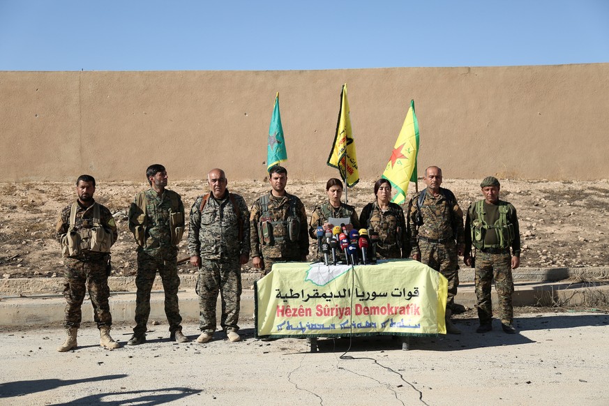 Syrian Democratic Forces (SDF) commanders attend a news conference in Ain Issa, Raqqa Governorate, Syria November 6, 2016. REUTERS/Rodi Said