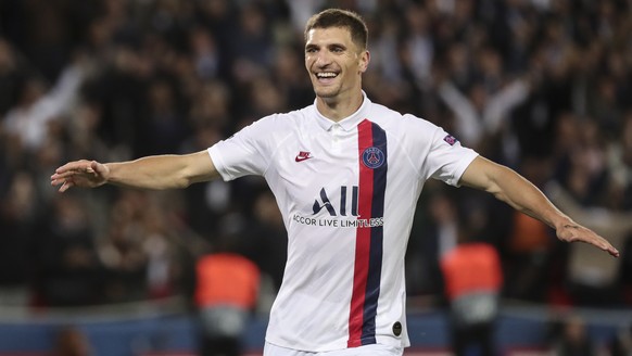 epa07852078 Paris Saint Germain&#039;s Thomas Meunier celebrates after scoring the 3:0 goal during the UEFA Champions League Group A soccer match between Paris Saint Germain and Real Madrid at the Par ...