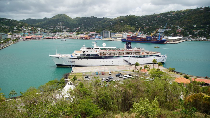 The Freewinds cruise ship is docked in the port of Castries, the capital of St. Lucia, Thursday, May 2, 2019. Authorities in the eastern Caribbean island have quarantined the ship after discovering a  ...