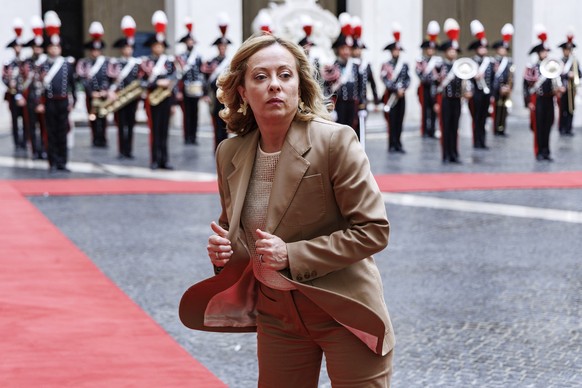Italian Premier Giorgia Meloni waits to meet Kyrgyzstan&#039;s President Sadyr Japarov in Rome, Thursday, Oct. 3, 2024 (Roberto Monaldo/LaPresse via AP)