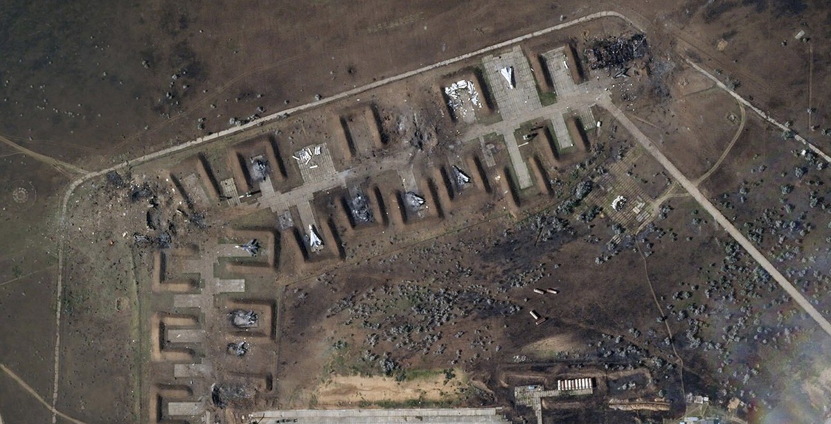This satellite image provided by Planet Labs PBC shows destroyed Russian aircraft at Saki Air Base after an explosion Tuesday, Aug. 9, 2022, in the Crimean Peninsula, the Black Sea peninsula seized fr ...