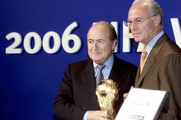 File photo of FIFA President Sepp Blatter (L) handing over a copy of the World Cup to Franz Beckenbauer (R) President of the German 2006 World Cup bid committee, after the announcement that Germany is ...