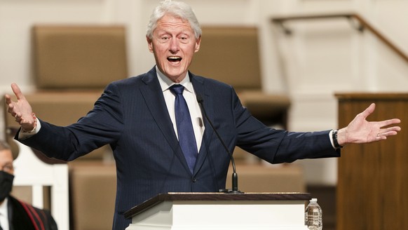 FILE - In this Jan. 27, 2021, file photo, former President Bill Clinton speaks during funeral services for Henry &quot;Hank&quot; Aaron, at Friendship Baptist Church in Atlanta. (Kevin D. Liles/Atlant ...