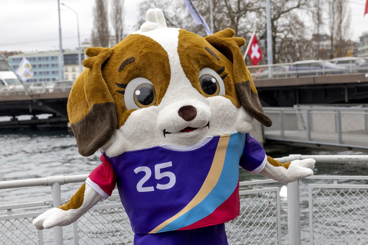 epa11747430 Maddli, the mascot of the upcoming UEFA Women's EURO 2025 football tournament, poses for photographers during its official unveiling, in Geneva, Switzerland, 29 November 2024. UEFA Wo ...