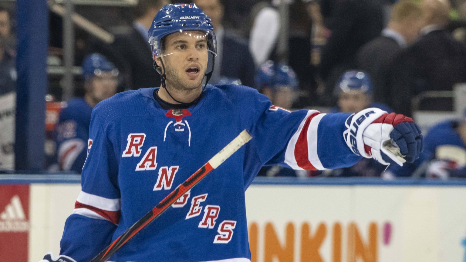 March 03, 2020: New York Rangers defenseman Tony DeAngelo 77 directs traffic during the game between The New York Rangers and The St. Louis Blues at Madison Square Garden in Manhattan, New York. Manda ...