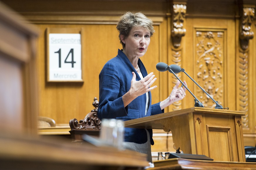 Bundesraetin Simonetta Sommaruga, spricht an der Herbstsession der Eidgenoessischen Raete, am Mittwoch, 14. September 2016, im Nationalrat in Bern. (KEYSTONE/Anthony Anex)