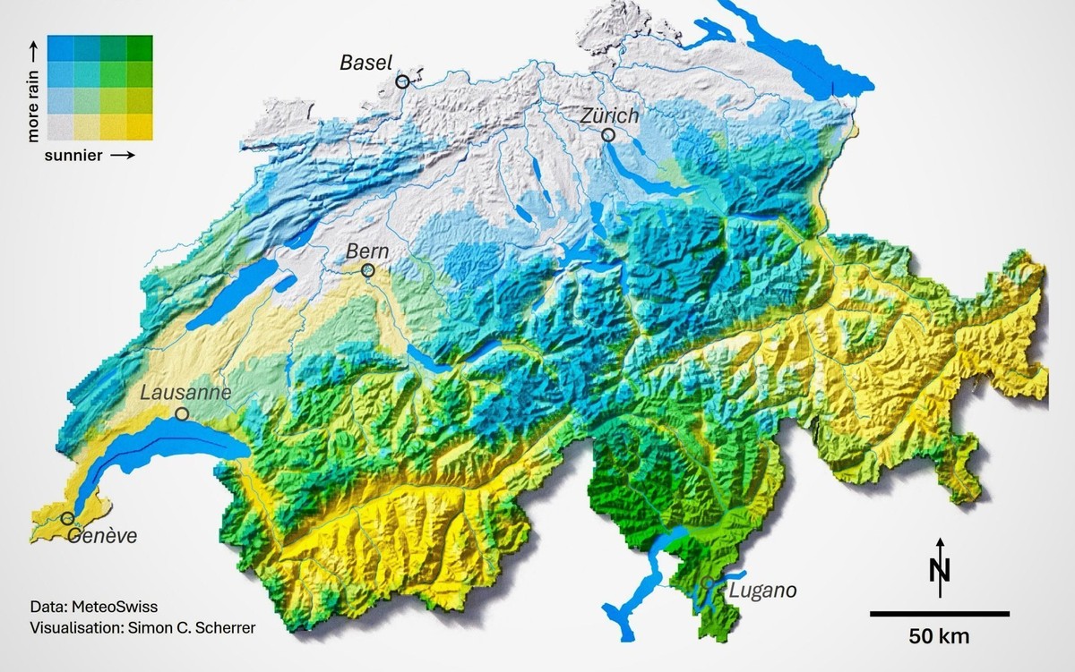 Sonnenscheindauer und Niederschlagsmenge in der Schweiz.