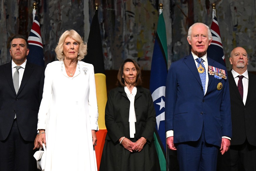 epa11672333 Britain&#039;s King Charles III (2-R) and Queen Camilla (2-L) attend a Parliamentary reception hosted by Australian Prime Minister Anthony Albanese and partner Jodie Jaydon at Parliament H ...