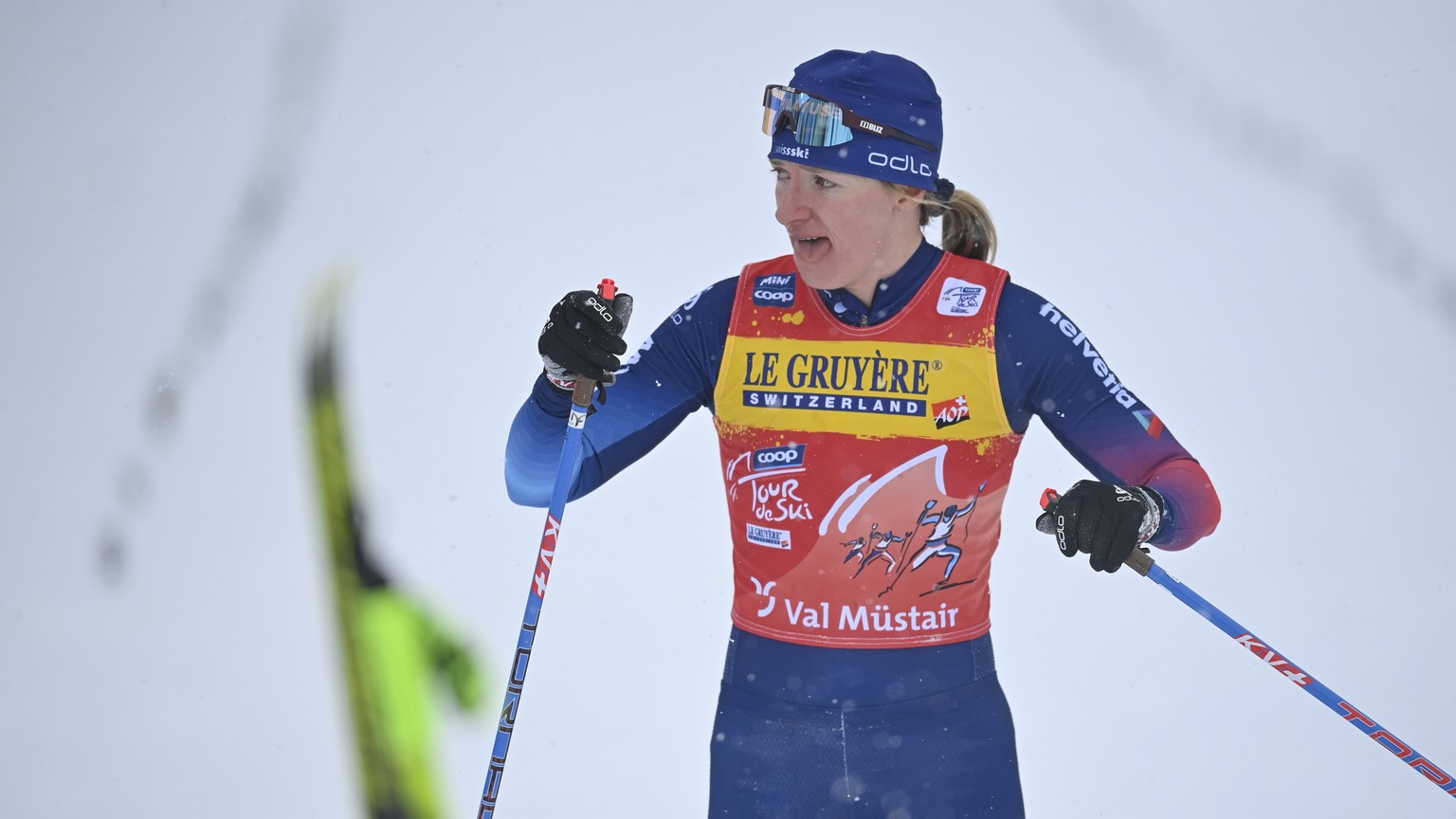 Nadine Faehndrich of Switzerland in action during the sprint of the first stage of the Tour de Ski, in Tschierv, Switzerland, Friday, January 1, 2021. (KEYSTONE/Gian Ehrenzeller).