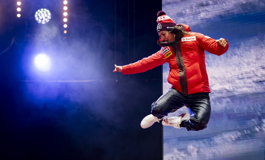 KEYPIX - Silver medalist Wendy Holdener of Switzerland celebrates during the medals ceremony of the women&#039;s Slalom race at the 2025 FIS Alpine World Ski Championships, in Saalbach-Hinterglemm, Au ...