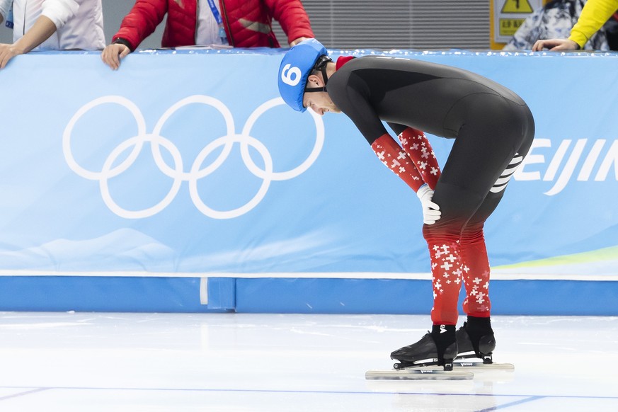 Switzerland&#039;s Livio Wenger #6 reacts after the men&#039;s Speed Skating Mass Start final at the 2022 Winter Olympics in Beijing, China, on Saturday, February 19, 2022. (KEYSTONE/Salvatore Di Nolf ...