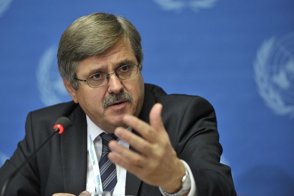 Eduard Gnesa, Chairman, Global Forum on Migration and Development (GFMD), speaks during a press conference about the Fifth Global Forum on Migration and Development, International Conference on the Op ...