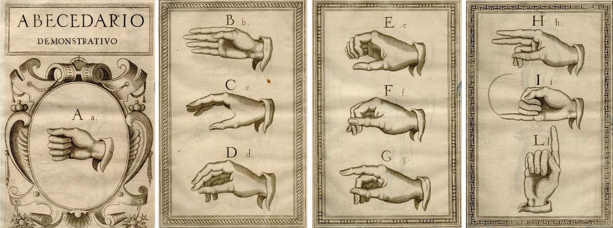 L’abécédaire manuel de Juan de Pablo Bonnet, 1620.
http://www.lenguadesignos.info/2010/09/origen-de-las-lenguas-de-signos_15.html